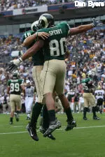 Seniors TE Kory Sperry and QB Caleb Hanie celebrate at touchdown in last year's 14-10 victory over CU