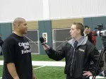 Shelley Smith does an interview with Tony Keith from CBS Northern Colorado 5 at the Rams' 2010 Pro Day.