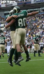 CSU's Caleb Hanie (16), who nearly led the Chicago Bears to the Super Bowl last season, and Kory Sperry, a member of San Diego's league-best 2010 offense, helped the Rams to victory in the 2006 Showdown.