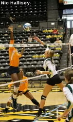 Senior Megan Plourde had a team-high 11 kills in Saturday's loss.