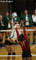 Senior Megan Plourde led the Rams with 15 kills and nine blocks.