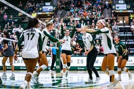 Rams Volleyball celebrates over FGCU