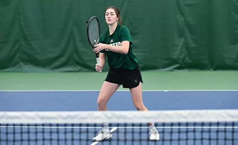 Daniella Shved readies for a ball at the net
