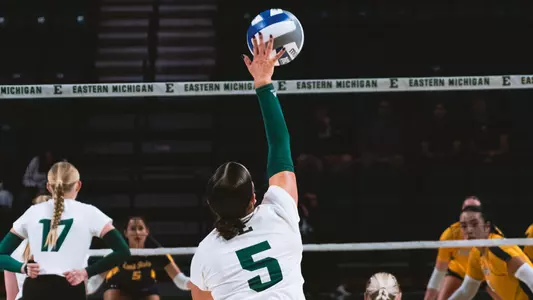 Ella Grasson serves the ball against Kent State, Oct. 9, 2025