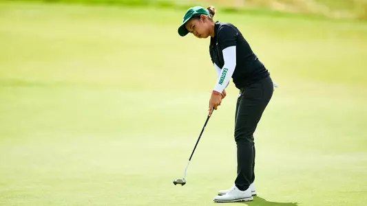 Baiyok Sukterm watches a putt roll toward the hole at the Leadership & Golf Invitational at Chambers Bay in University Place, Wash.