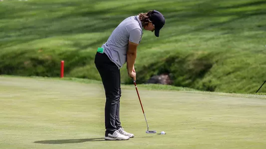 Savannah de Bock sinks a put on No. 18 at Firestone Country Club to close her second round of play at the 2026 MAC Championships in Akron, Ohio