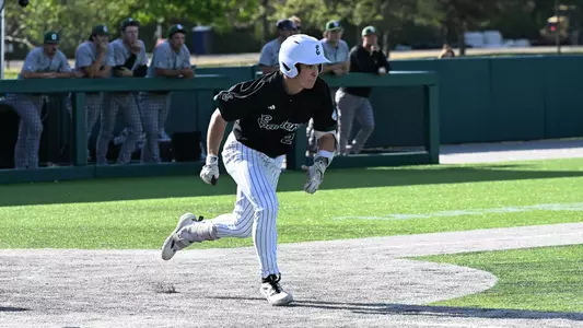 John Hale runs to first base after hitting the baseball against Ohio at Oestrike Stadium, May 15, 2026