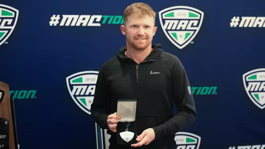 Rory McDonald-O'Brien poses with this runner-up medal at the 2026 MAC Men's Golf Championships in Zionsville, Ind.