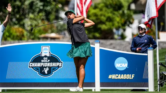 Janae Leovao watches her tee shot from the No. 13 tee at the Omni La Costa Resort during the NCAA Championships
