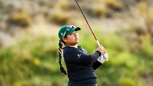 Karen Tsuru watches a shot take flight during the opening round of the Leadership & Golf Invitational, Sept. 7, 2026, outside of Seattle