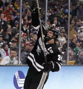 Noel Acciari celebrates his goal in the NCAA Frozen Four against Nebraska Omaha