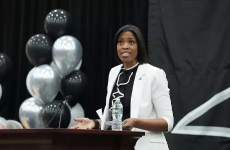 Erin Batth speaks to the crowd on March 29 at her introductory press conference 