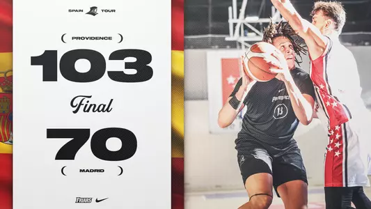 Providence 103, Madrid 70 Final Score. Josh Oduro going up for a shot in the post