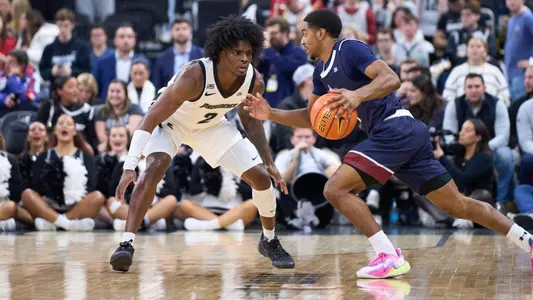 Jaylin Sellers plays defense at the Amica Mutual Pavilion versus FDU. 