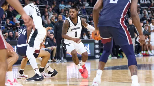 Jason Edwards drives the ball at the Amica Mutual Pavilion versus FDU. 