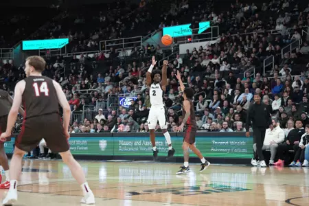 Jaylin Sellers three point shot versus Brown at the Amica Mutual Pavilion. 