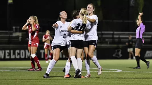 Women's soccer goal celebration versus Sacred Heart at Chapey Field at Anderson Stadium on September 3, 2025