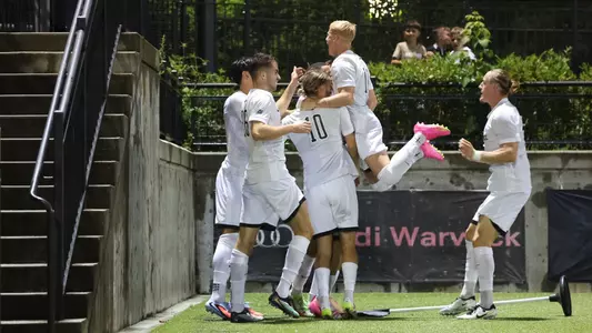 Men's Soccer celebrates a goal Against BC on August 29, 2025. 