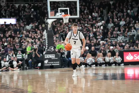 Stefan Vaaks dribbles the ball versus Georgetown at the Amica Mutual Pavilion. 