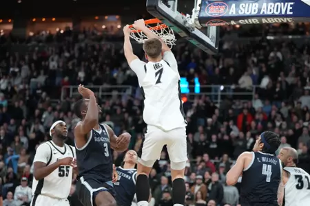 Stefan Vaaks dunks the ball versus Georgetown at the Amica Mutual Pavilion. 