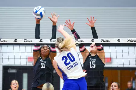Lyric Berry blocks a spike verus Seton Hall on October 9, 2026