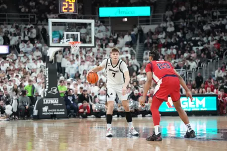 Stefan Vaaks dribbles the ball at the top of the key against St. John's on February 14, 2026 at The Amica Mutual Pavilion. 
