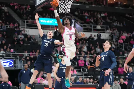 Sellers shoots a layup versus Xavier at the Amica Mutual Pavilion.