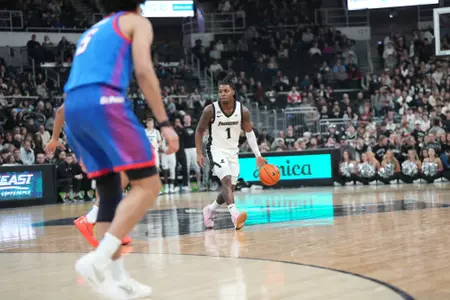 Jason Edwards dribbles the ball versus DePaul at the Amica Mutual Pavilion. 