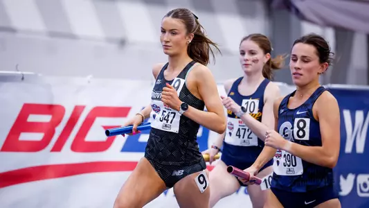 Gemma Galvin running relay at 2026 Big East Indoor Track Championships