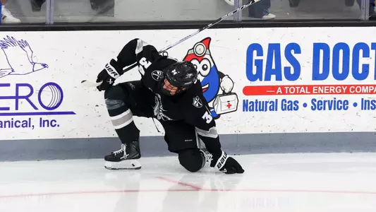 Men's Hockey's Logan Sawyer celebrates after a goal against UConn
