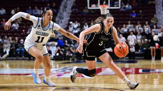 Orlagh Gormley dribbling past a Villanova defender at Mohegan Sun during the BIG EAST Quarterfinals