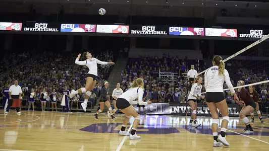 Teagan DeFalco goes for a hit during the women's volleyball team's GCU Arena debut.