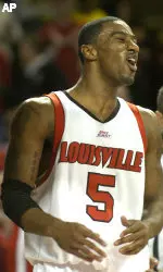 Taquan Dean celebrates after scoring two of his sixteen points during second half action. (AP Photo/Timothy D. Easley)