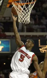Taquan Dean scores two of his 20 points against Clemson Monday. (AP Photo/Timothy D. Easley)