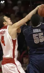 Louisville's David Padgett, left, blocks the shot of Georgetown's Roy Hibbert in the second half. (AP Photo/Timothy D. Easley)