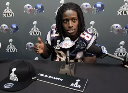 New England Patriots wide receiver Deion Branch answers questions during a news conference on Thursday, Feb. 2, 2012, in Indianapolis. The Patriots are scheduled to face the New York Giants in NFL football Super Bowl XLVI on Feb. 5. (AP Photo/Mark Humphrey)