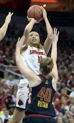 Antonita Slaughter (4) shoots against Maryland Terrapins guard Katie Rutan (40). (Jamie Rhodes-USA TODAY Sports)
