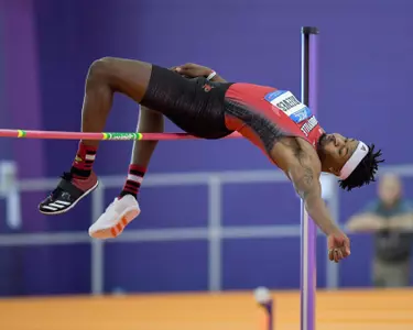 Louisville's Javen Reeves clears the bar in the men's high jump during the 2018 ACC Indoor Track and Field Championship in Clemson, S.C., Friday, Feb. 23, 2018. (Photo by Bart Boatwright, theACC.com)