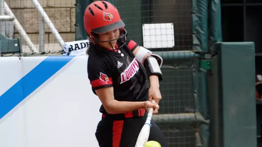 Louisville infielder Blaire Bass (3) hits during the quarterfinals of the ACC Softball Championship in Atlanta, Ga., on Wednesday, May 10, 2018. (Photo by Sara D. Davis, theACC.com)