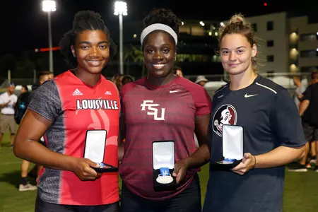 Louisville's Makenli Forrest (L) Florida States Shanice Love (C) and Florida States Ieva Zarankatte hold their medals for the women's Discus during the 2018 ACC Outdoor Track and Field Championship in Coral Gables, Fl., Saturday May 12, 2018. (Photo by Rhona Wise, theACC.com