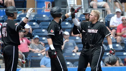 Louisville celebrates their runs during game ten of the 2018 ACC Baseball Tournament in Durham, N.C., Friday, May 25, 2018. (Photo by Sara D. Davis, theACC.com)