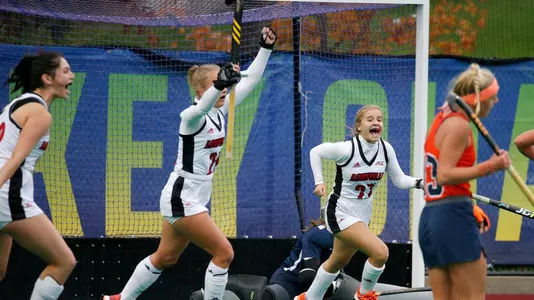 Louisville players celebrate the lone goal of the game against Syracuse during the first half of a quarterfinal game in 2019 ACC Field Hockey Championship at the Newton Campus Sports Complex in Newton, Mass., Thursday, Nov. 7, 2019. (Photo by Mary Schwalm, the ACC)