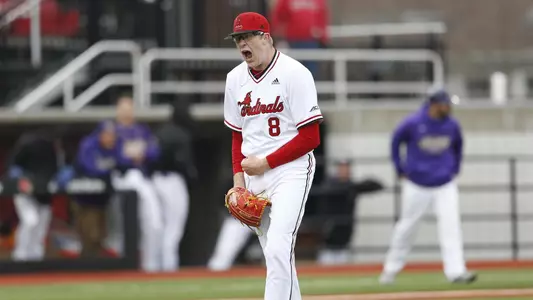 Nick Bennett excited after a strikeout against James Madison at Jim Patterson Stadium.