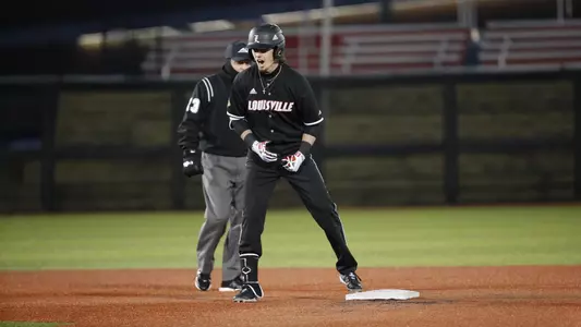 Drew Campbell celebrates after a hit against Boston College at Jim Patterson Stadium.