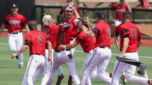 The Cardinals celebrate the win after their NCAA Regional game with Illinois State at Jim Patterson Stadium on June 3.