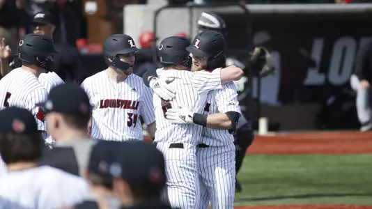 Ben Bianco celebrating a grand slam against Western Michigan at Jim Patterson Stadium.