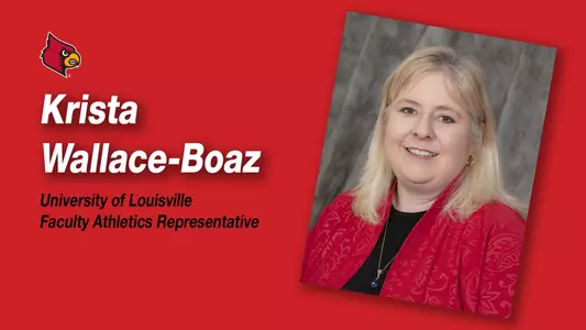 UofL Faculty Athletics Representative Krista Wallace-Boaz head shot within a graphic