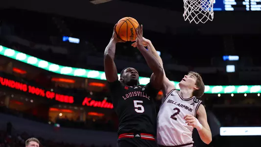 Brandon Huntley-Hatfield shoots against Bellarmine on Nov. 29, 2023, at the KFC Yum! Center.