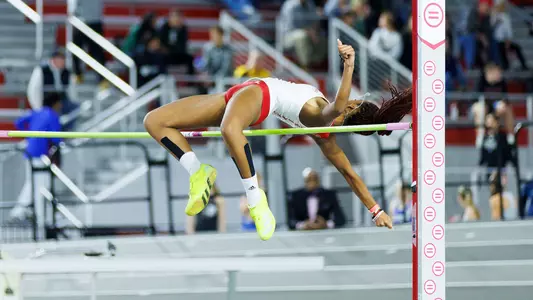 Soledad Jean clears the bar in the high jump at the PNC Lenny Lyles Invitational