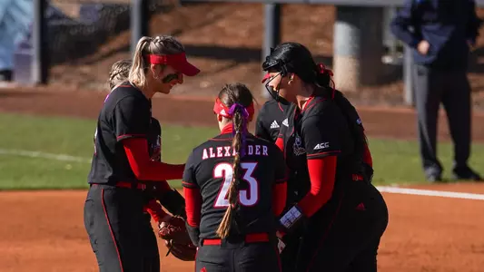 Softball huddle against Wisconsin